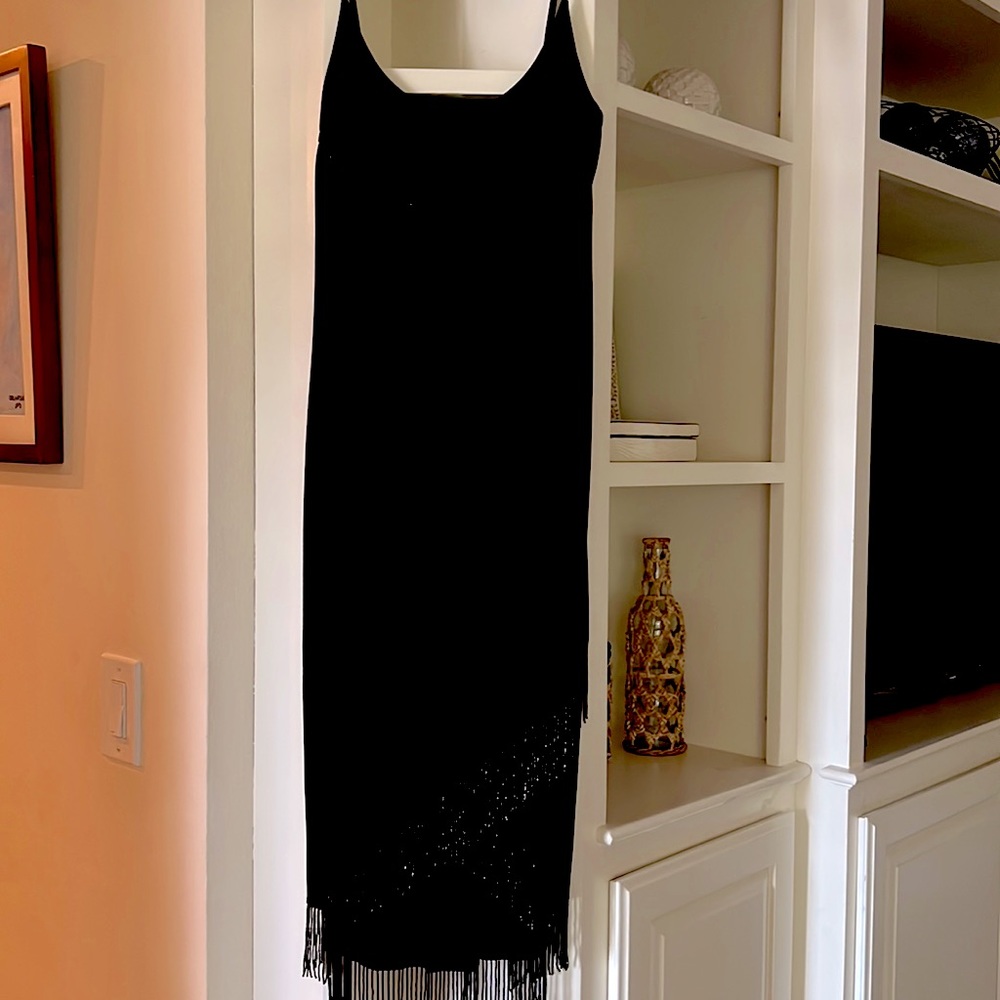 Black fringe sequin spaghetti strap dress